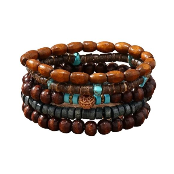 Natural Wood Beaded Charm Bracelets, Set of 5, Stretch Fit - Picture 6 of 9